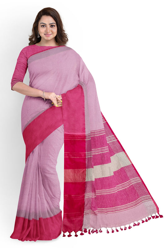 Dual-Tone Pink Linen Saree by Moitreyee – Handwoven with Par Border Detailing