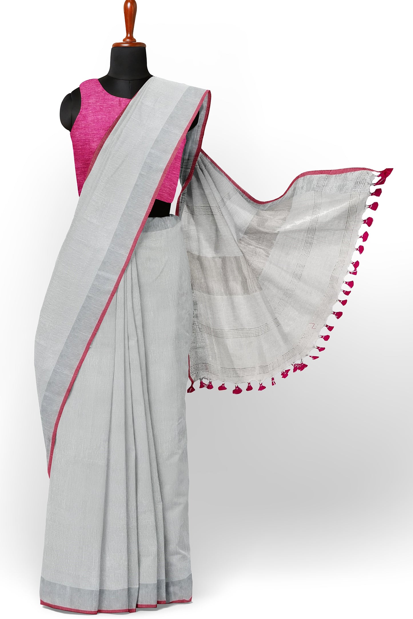 White & Silver Linen Handloom Saree – Moitreyee Collection