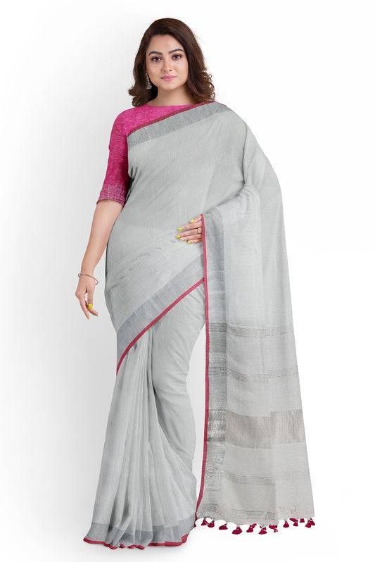White & Silver Linen Handloom Saree – Moitreyee Collection