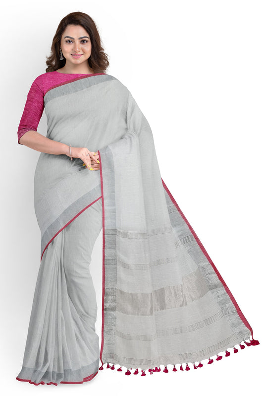 White & Silver Linen Handloom Saree – Moitreyee Collection