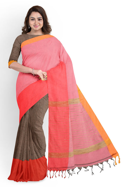 Moitreyee Maheshwari Design Brown and Pink Cotton Silk Handloom Saree