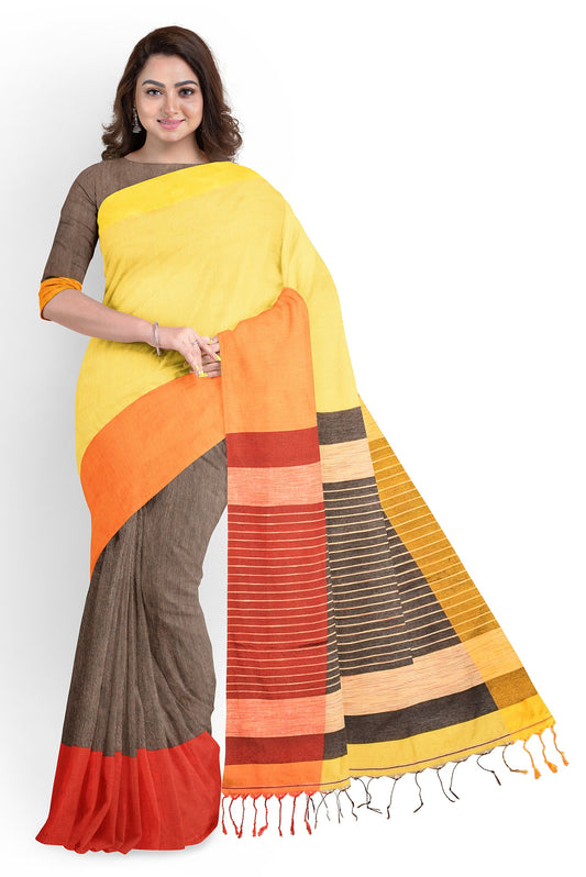Moitreyee Maheshwari Design Brown and Yellow Cotton Silk Handloom Saree