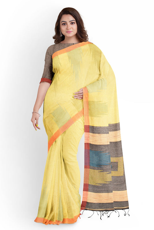Moitreyee Ikkat Yellow Cotton Silk Handloom Saree