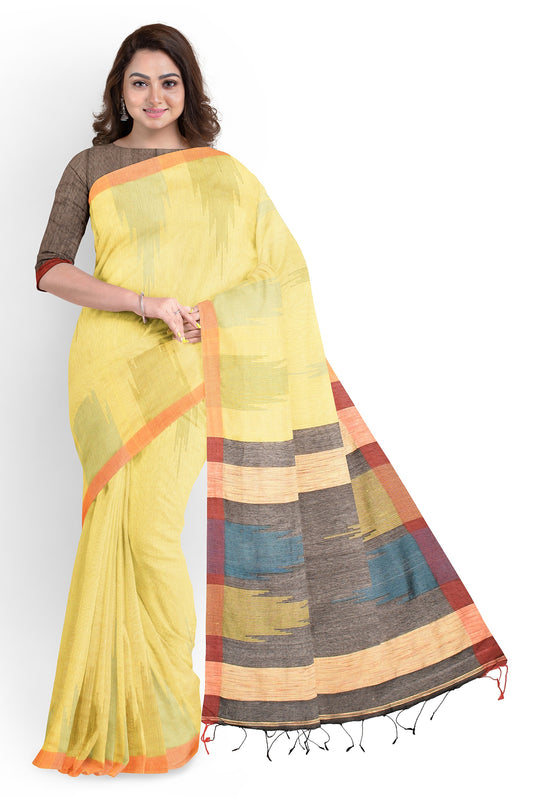 Moitreyee Ikkat Yellow Cotton Silk Handloom Saree