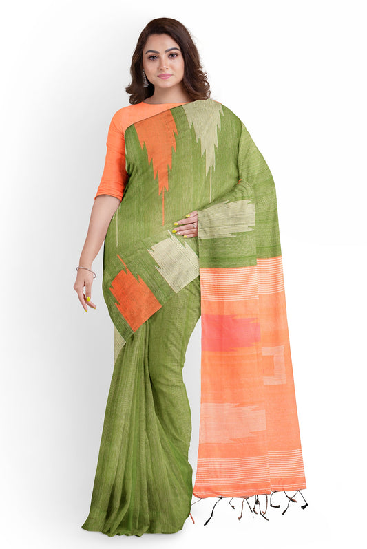 Moitreyee Ikkat Green and Orange Cotton Silk Handloom Saree