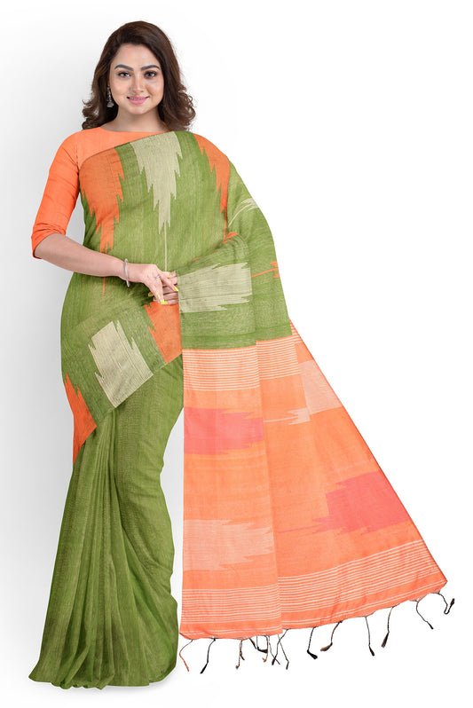 Moitreyee Ikkat Green and Orange Cotton Silk Handloom Saree