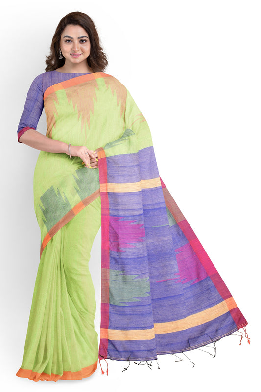 Moitreyee Ikkat Light Green Cotton Silk Handloom Saree