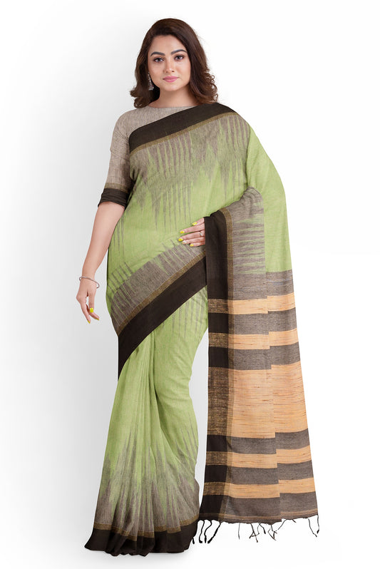 Moitreyee Cotton Ikkat Black and Green Handloom Saree