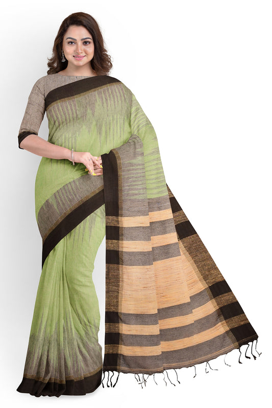 Moitreyee Cotton Ikkat Black and Green Handloom Saree
