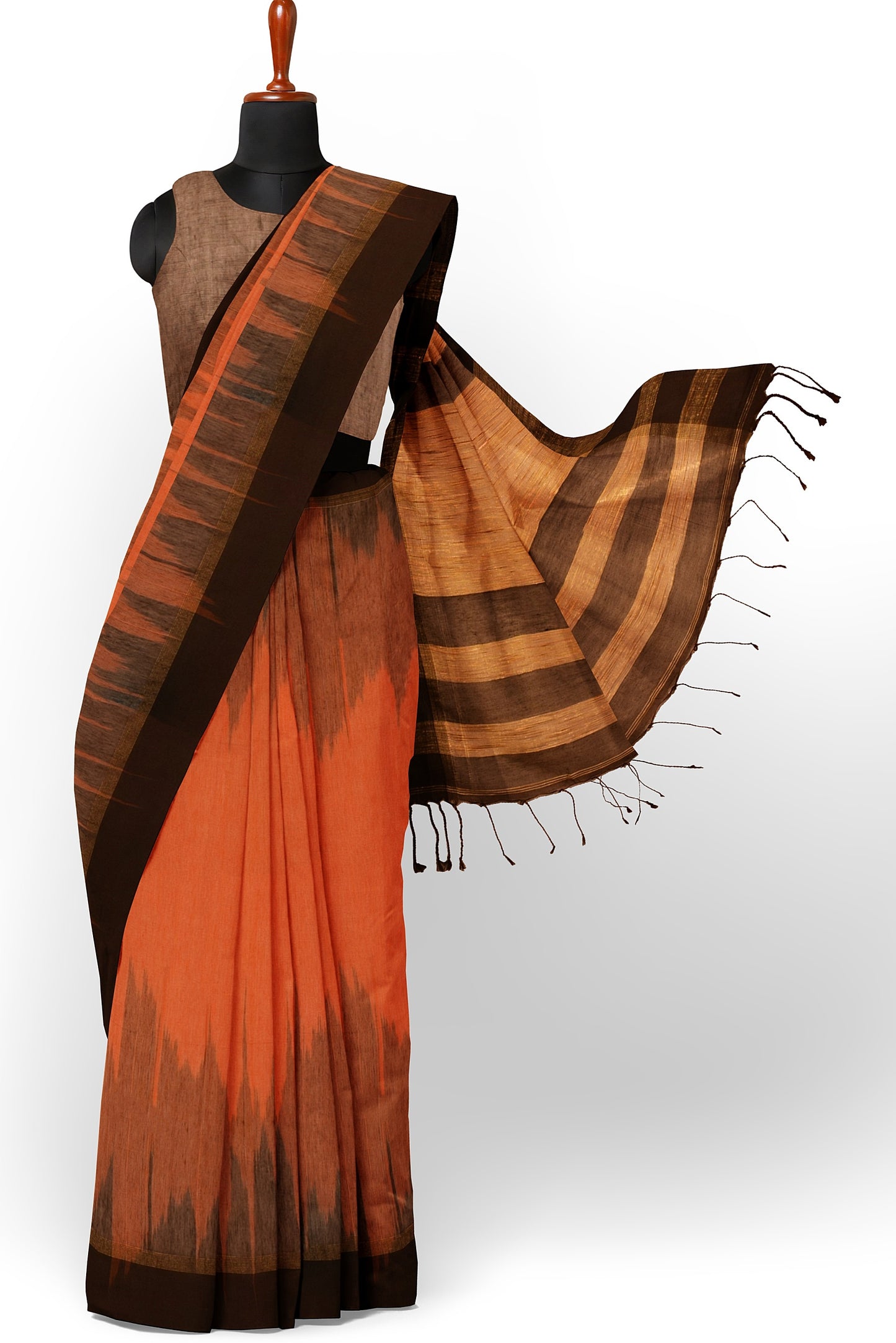 Black, Brown & Orange Cotton Ikkat Handloom Saree