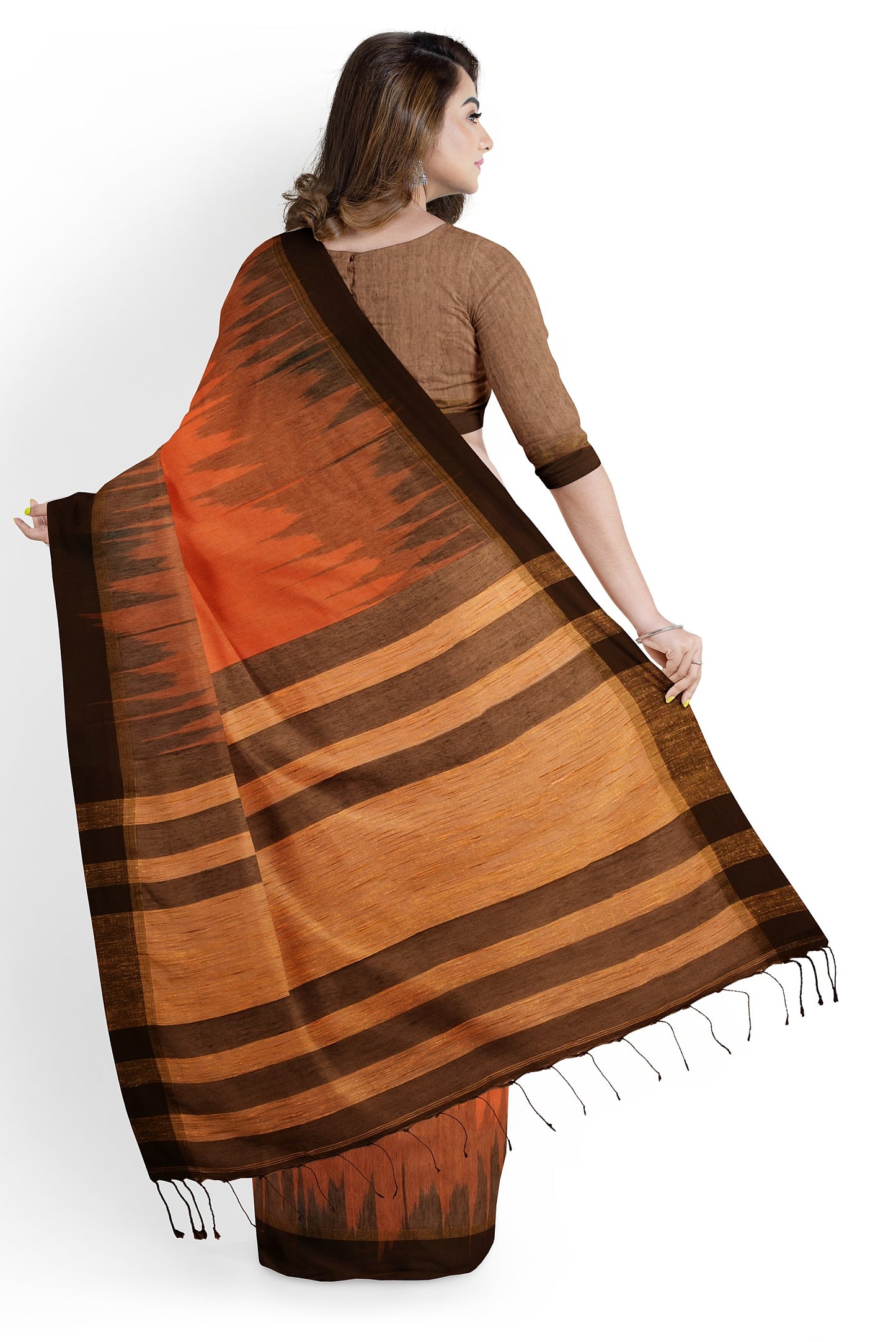Black, Brown & Orange Cotton Ikkat Handloom Saree