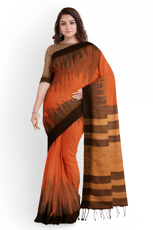 Black, Brown & Orange Cotton Ikkat Handloom Saree