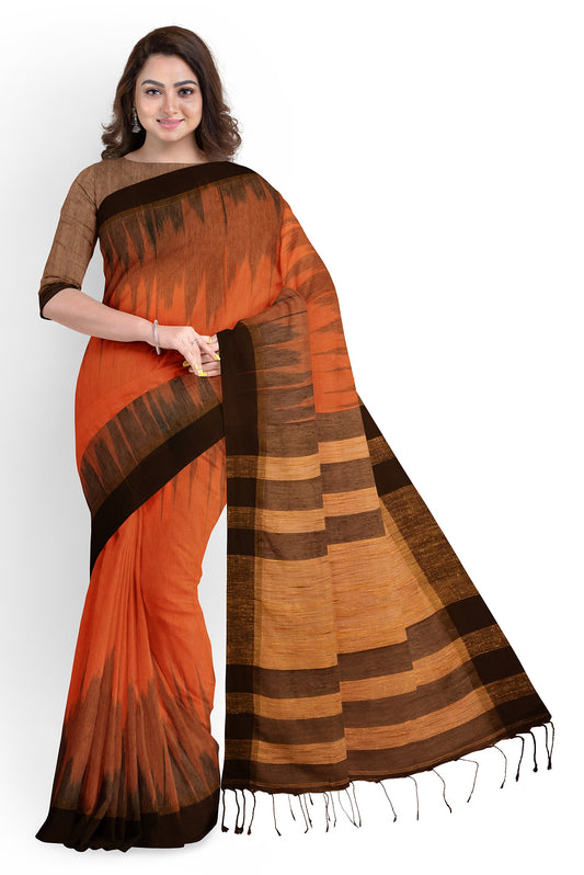Black, Brown & Orange Cotton Ikkat Handloom Saree