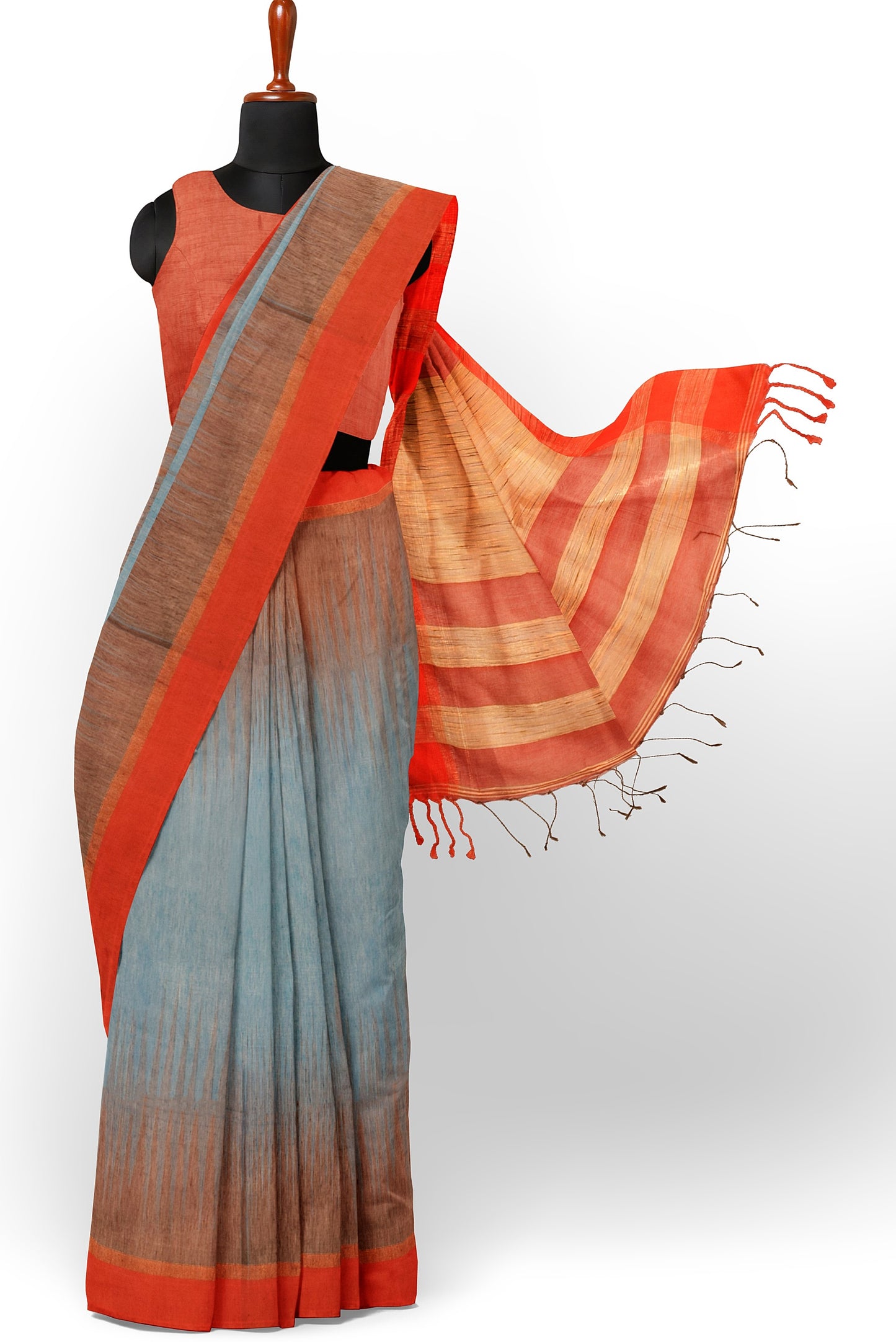 Moitreyee Cotton Ikkat Red and Ash Handloom Saree