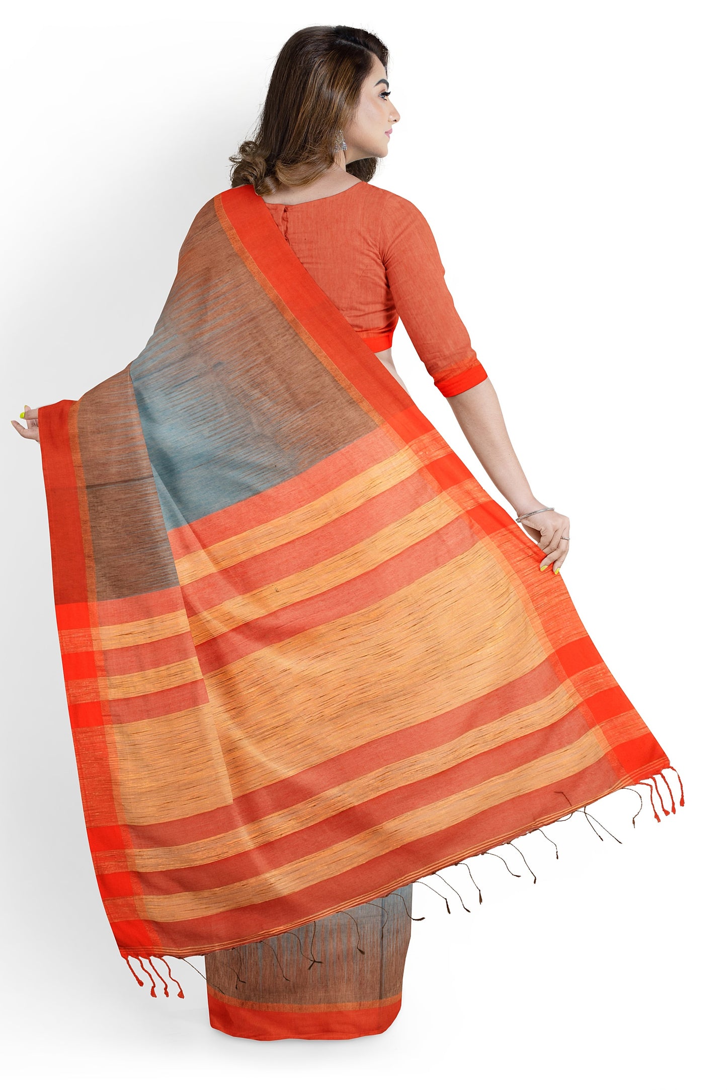 Moitreyee Cotton Ikkat Red and Ash Handloom Saree