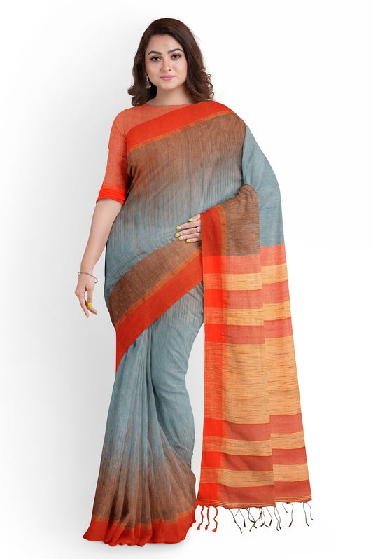 Moitreyee Cotton Ikkat Red and Ash Handloom Saree