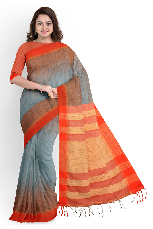Moitreyee Cotton Ikkat Red and Ash Handloom Saree