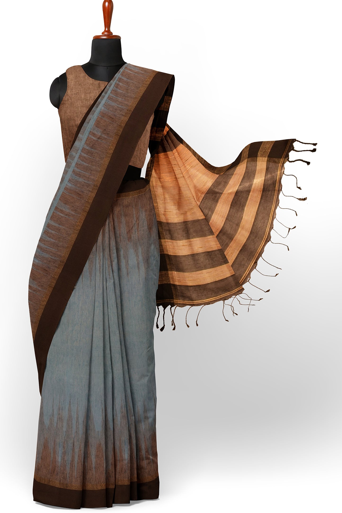 Moitreyee Cotton Ikkat Brown and Ash Handloom Saree