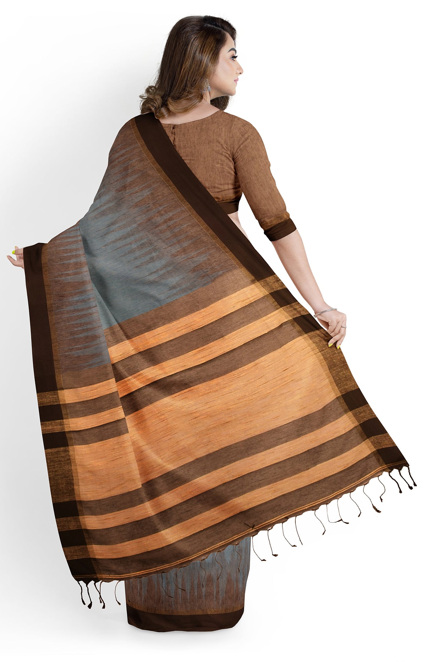 Moitreyee Cotton Ikkat Brown and Ash Handloom Saree