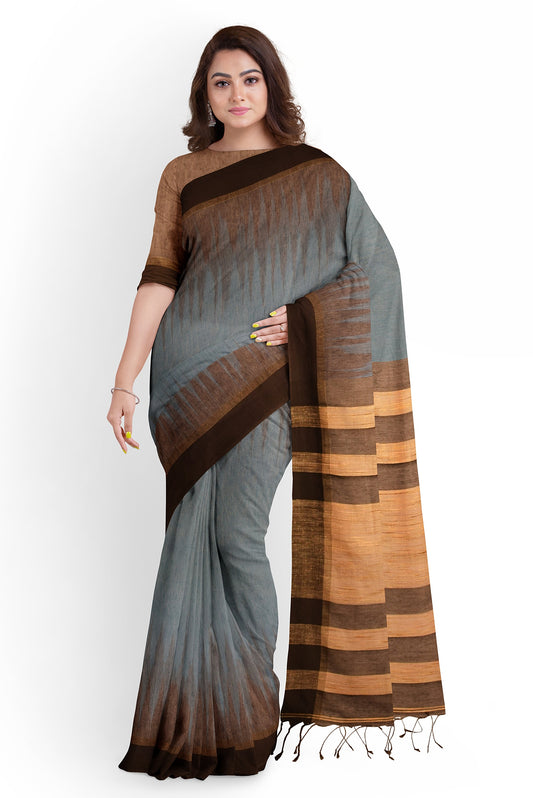 Moitreyee Cotton Ikkat Brown and Ash Handloom Saree