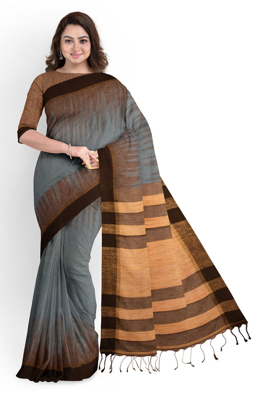 Moitreyee Cotton Ikkat Brown and Ash Handloom Saree