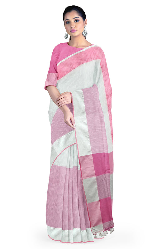 White & Pink Khadi Cotton Handloom Saree