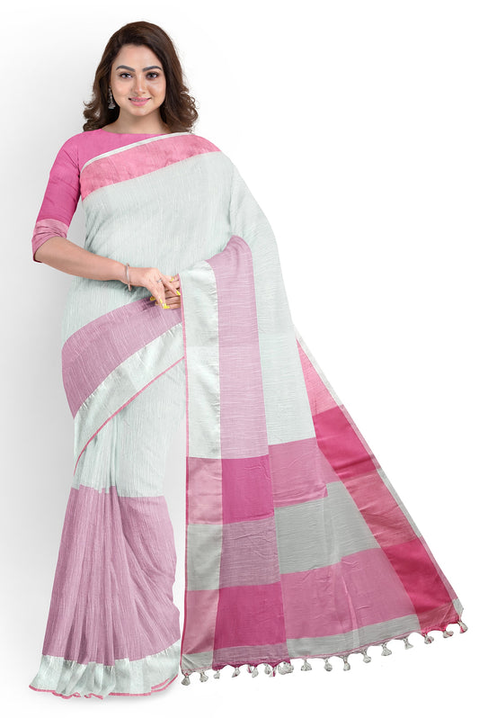 White & Pink Khadi Cotton Handloom Saree