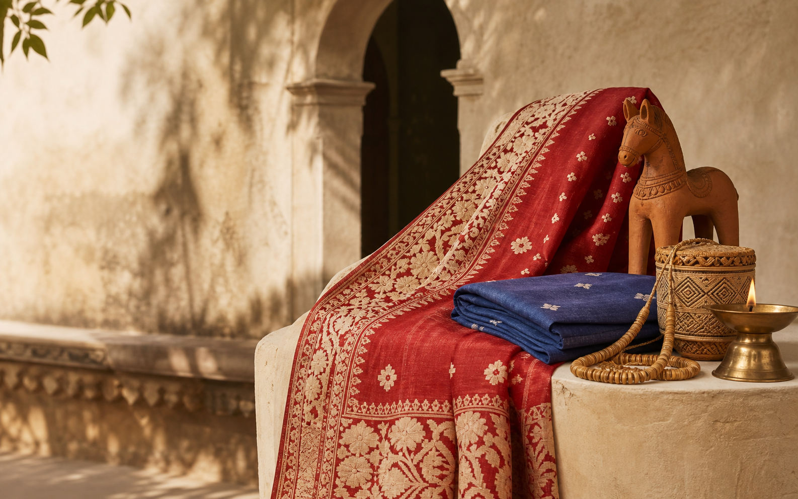 Red Jamdani saree with terracotta and bamboo crafts
