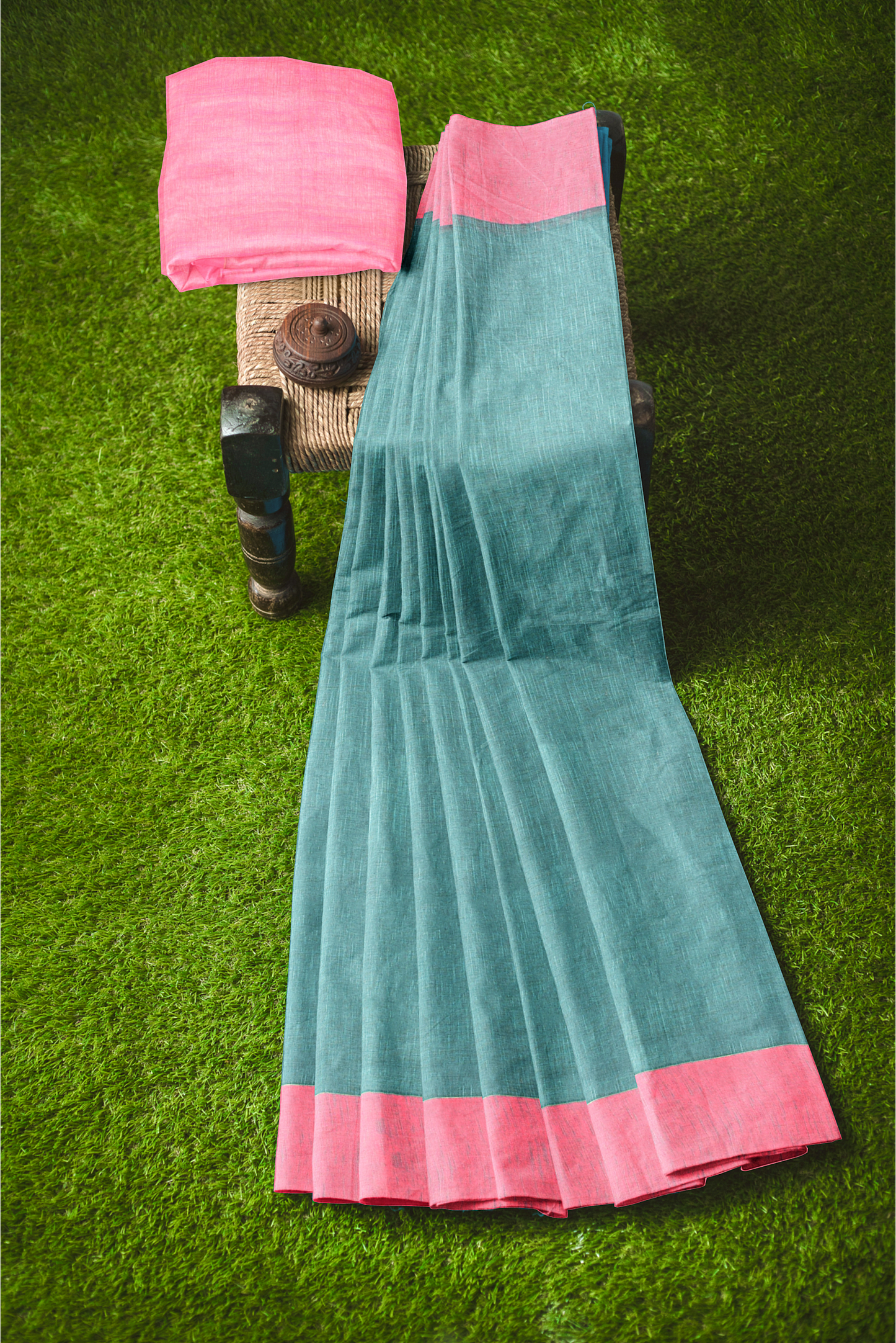 Moitreyee Signature Handloom Saree – Pink & Green Khadi Cotton Elegance