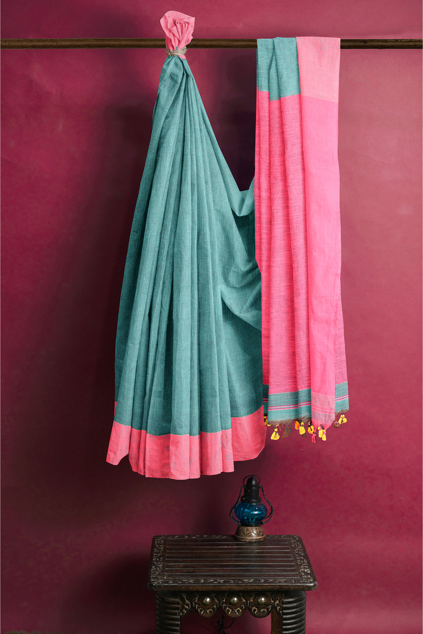 Moitreyee Signature Handloom Saree – Pink & Green Khadi Cotton Elegance