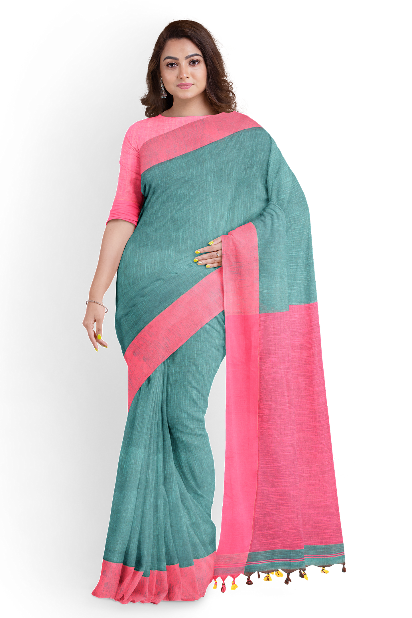 Moitreyee Signature Handloom Saree – Pink & Green Khadi Cotton Elegance