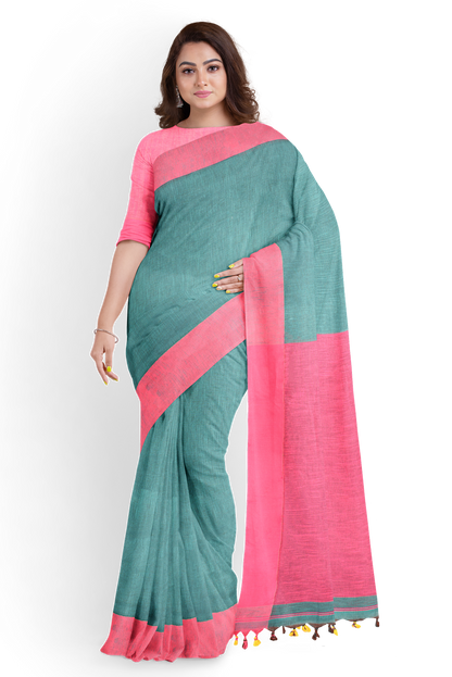 Moitreyee Signature Handloom Saree – Pink & Green Khadi Cotton Elegance