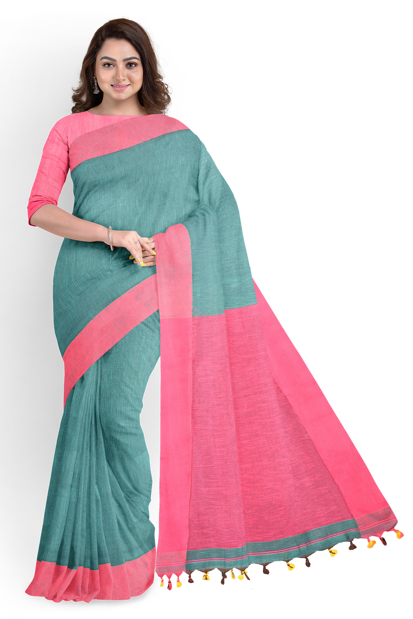 Moitreyee Signature Handloom Saree – Pink & Green Khadi Cotton Elegance