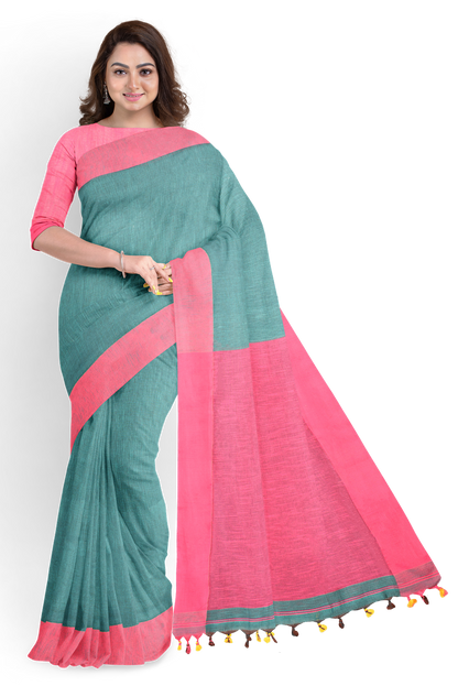 Moitreyee Signature Handloom Saree – Pink & Green Khadi Cotton Elegance