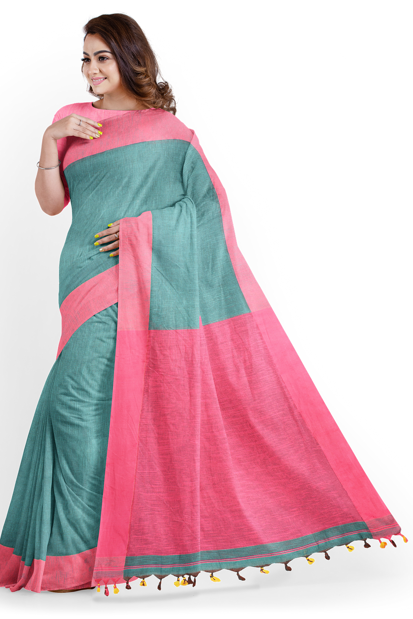 Moitreyee Signature Handloom Saree – Pink & Green Khadi Cotton Elegance