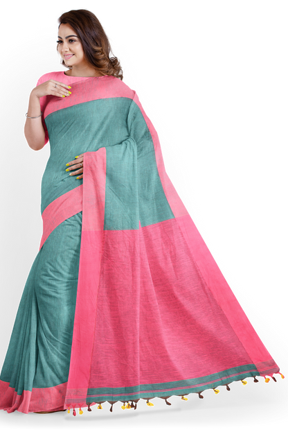 Moitreyee Signature Handloom Saree – Pink & Green Khadi Cotton Elegance