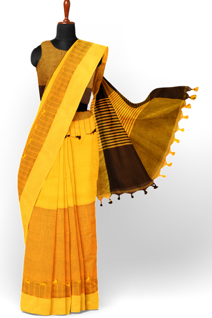 Moitreyee Black & Orange Cotton Ikkat Saree – Handloom Elegance