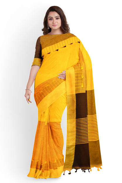 Moitreyee Black & Orange Cotton Ikkat Saree – Handloom Elegance