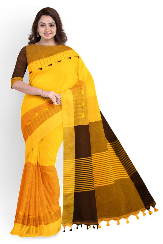 Moitreyee Black & Orange Cotton Ikkat Saree – Handloom Elegance