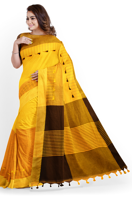 Moitreyee Black & Orange Cotton Ikkat Saree – Handloom Elegance