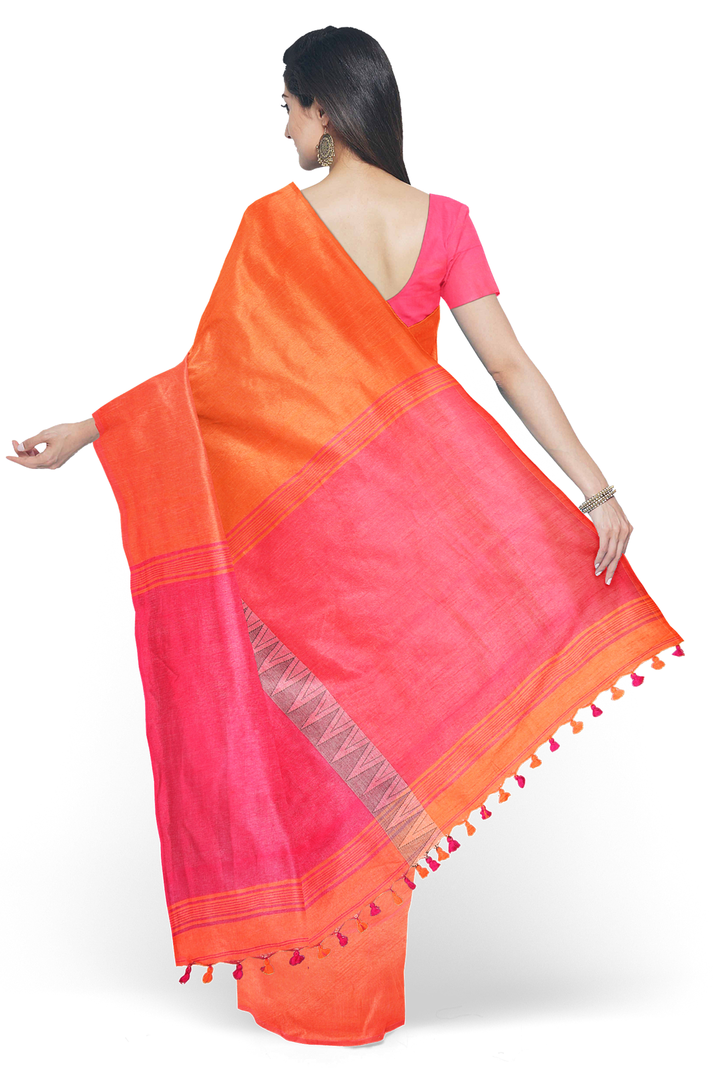 Pink & Orange Khadi Cotton Half and Half Handloom Saree