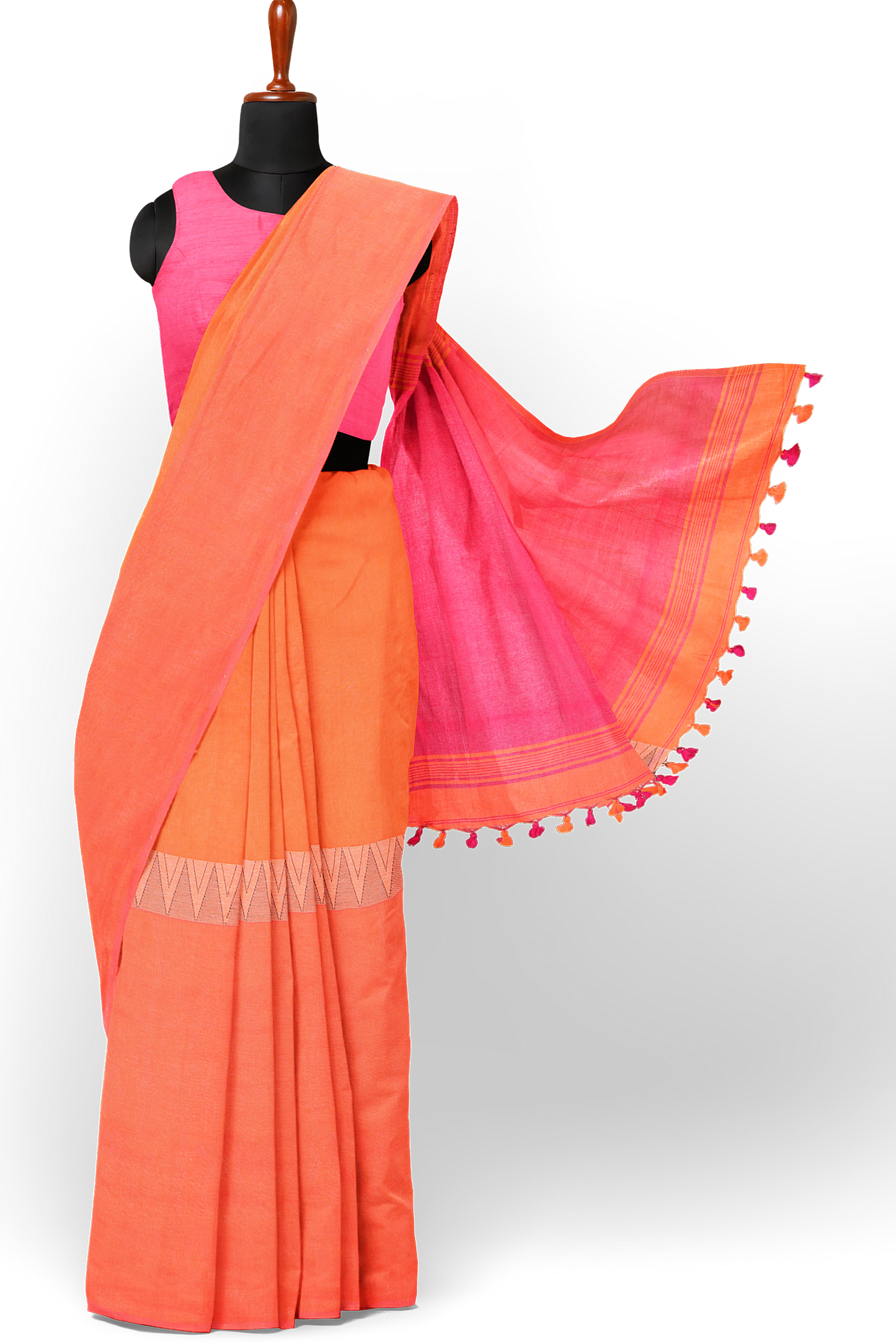 Pink & Orange Khadi Cotton Half and Half Handloom Saree