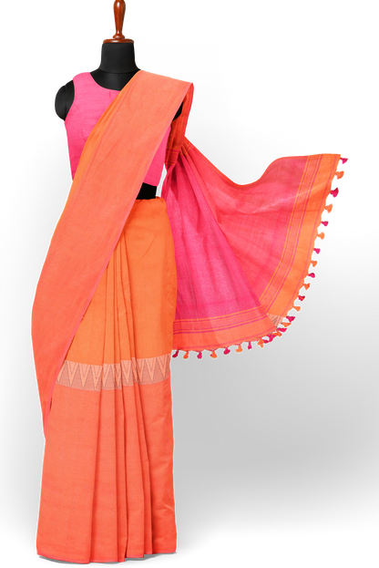 Pink & Orange Khadi Cotton Half and Half Handloom Saree