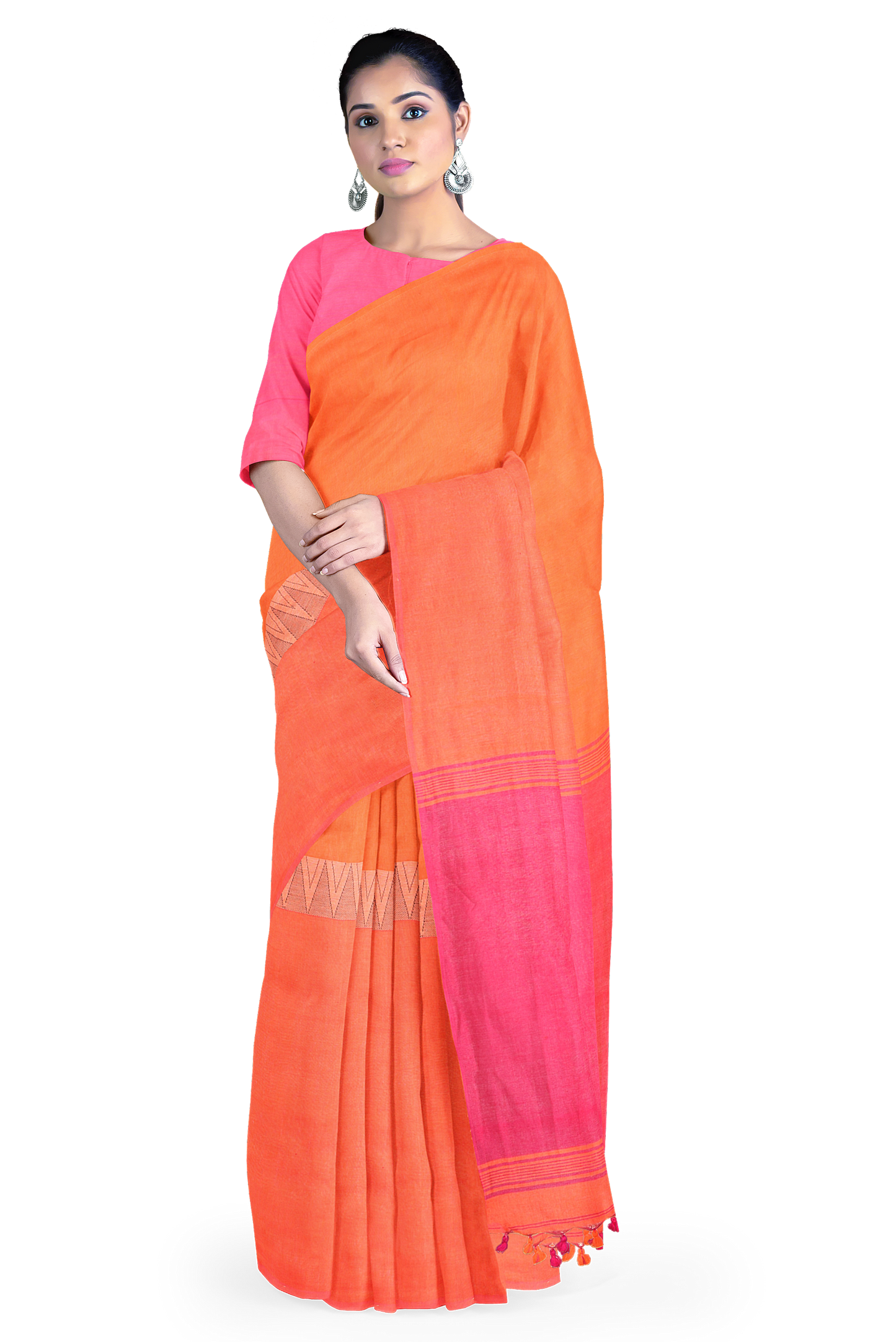 Pink & Orange Khadi Cotton Half and Half Handloom Saree