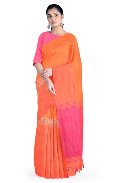 Pink & Orange Khadi Cotton Half and Half Handloom Saree