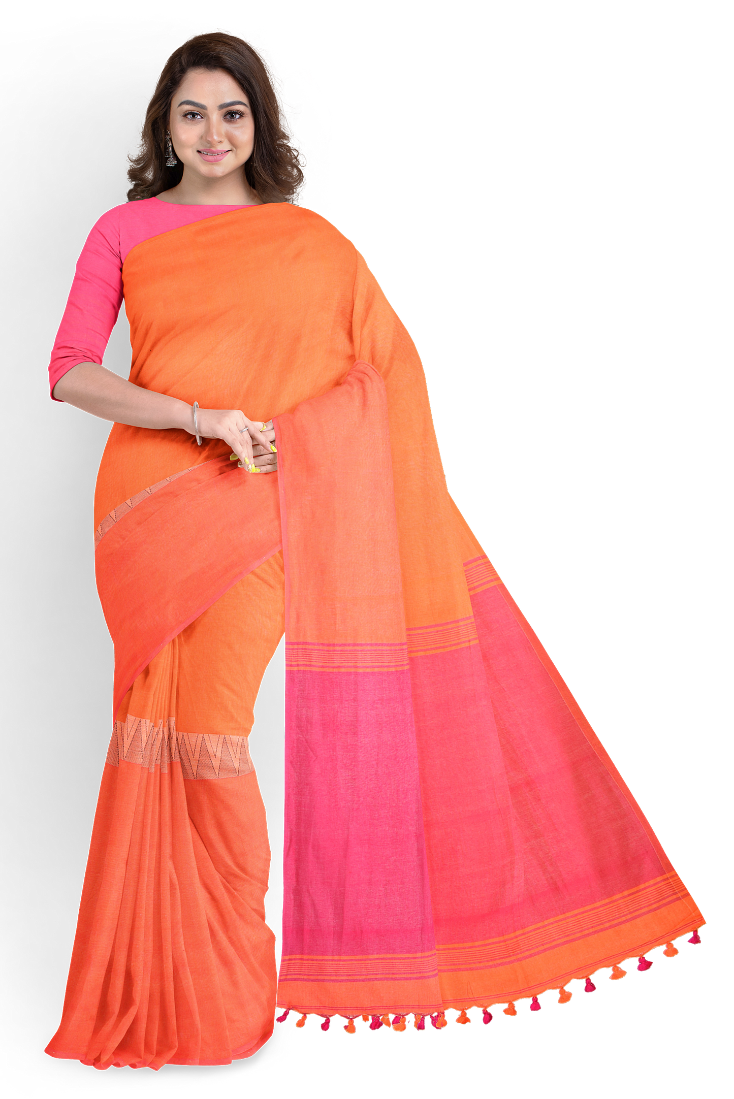 Pink & Orange Khadi Cotton Half and Half Handloom Saree