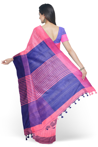 Moitreyee Pink & Blue Khadi Cotton Handloom Saree