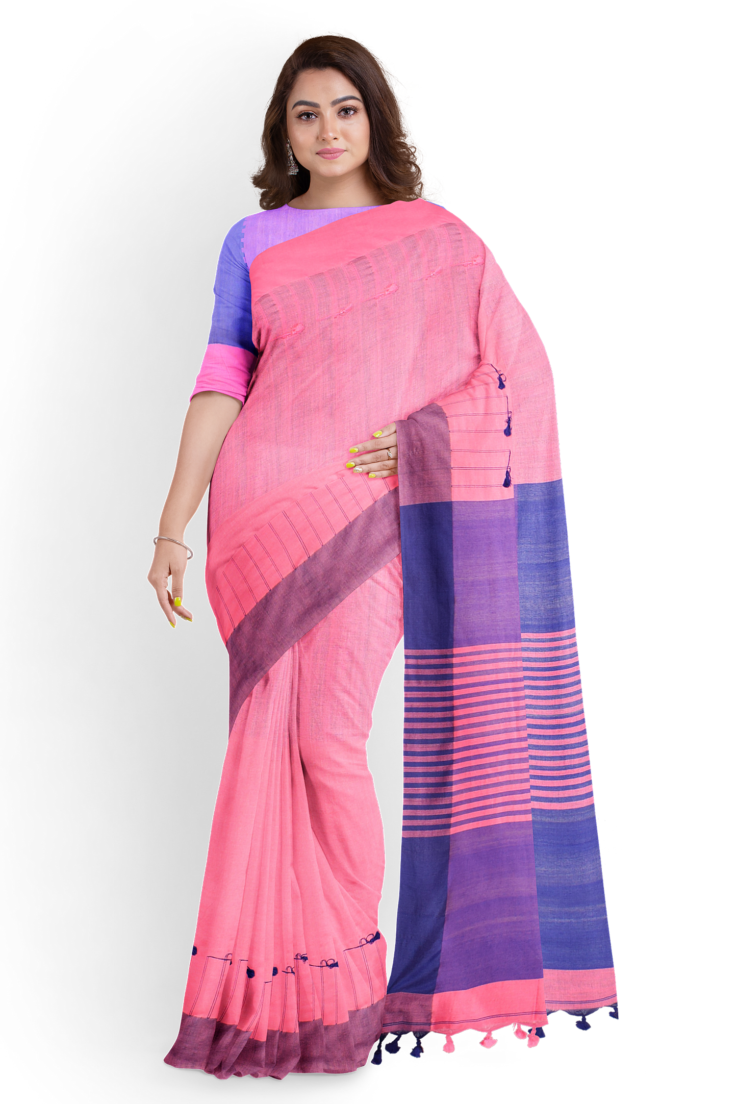 Moitreyee Pink & Blue Khadi Cotton Handloom Saree