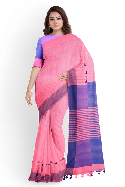 Moitreyee Pink & Blue Khadi Cotton Handloom Saree