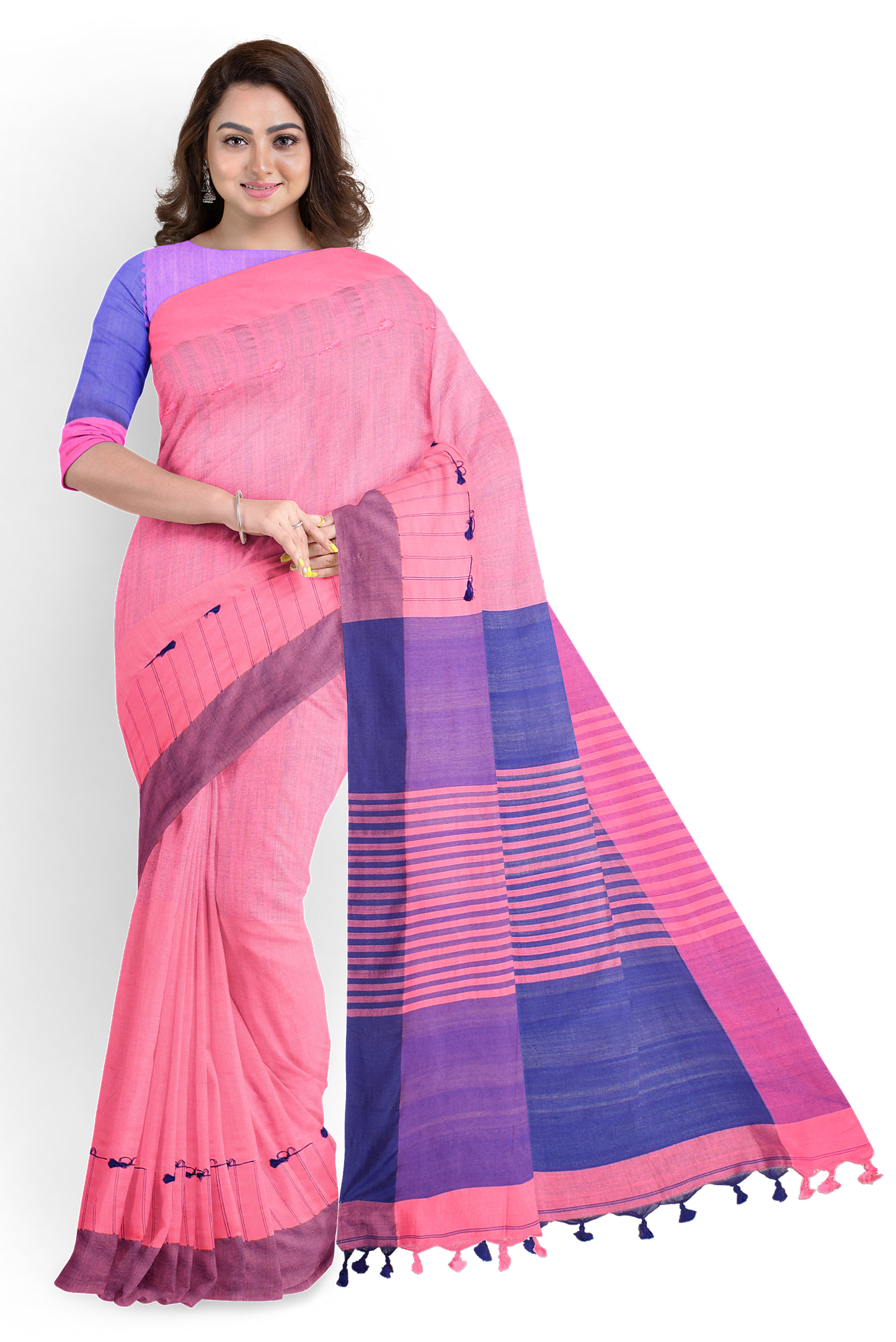 Moitreyee Pink & Blue Khadi Cotton Handloom Saree